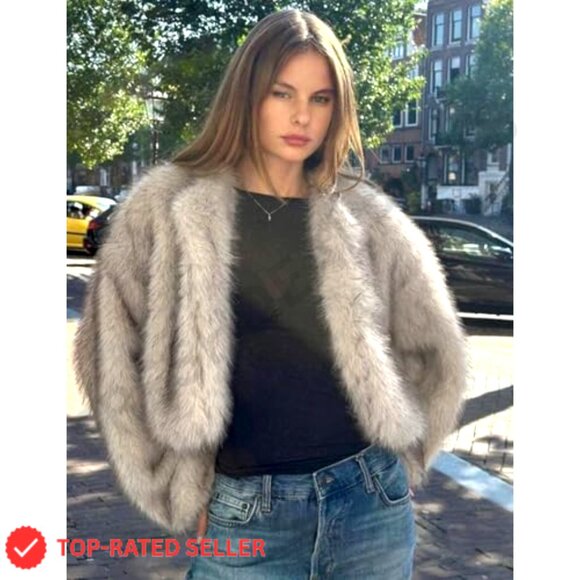 Cropped Faux Fur Jacket Open Front Fluffy Winter Coat Women's Outerwear - Picture 4 of 7